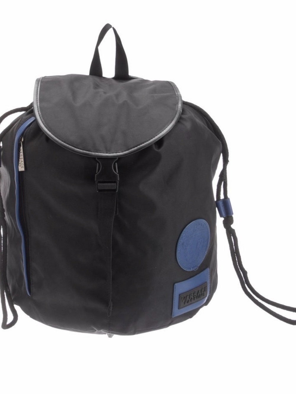 Versace Medusa Parfums Black and Navy Drawstring Backpack with Blue Accent
